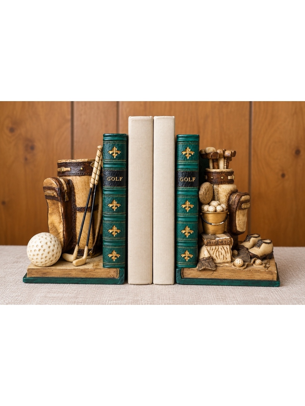 Vintage Golf Bookends Set of Two Detailed Resin Golf Bag Clubs and Balls Shelf